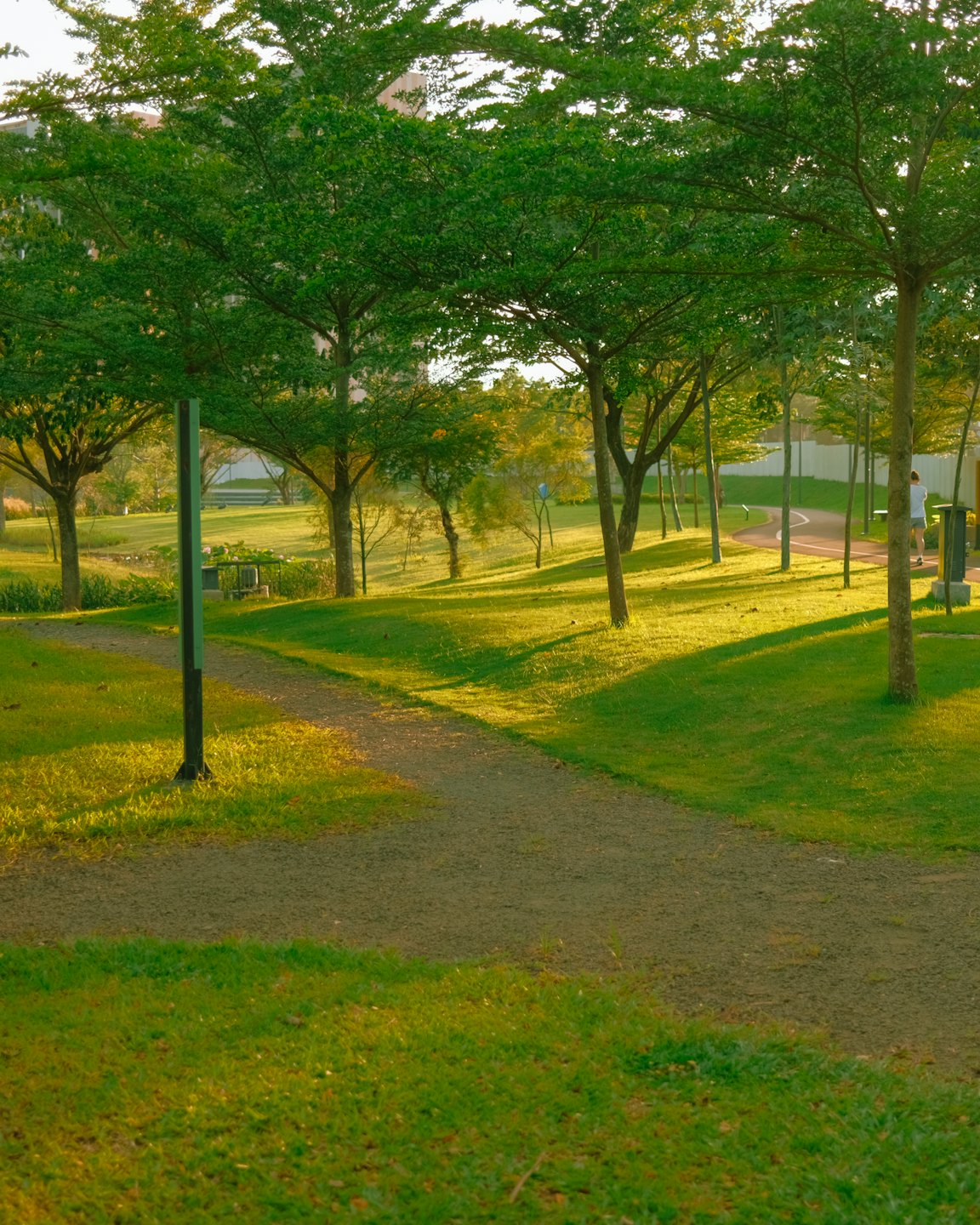 A person walks along a red path through the park.